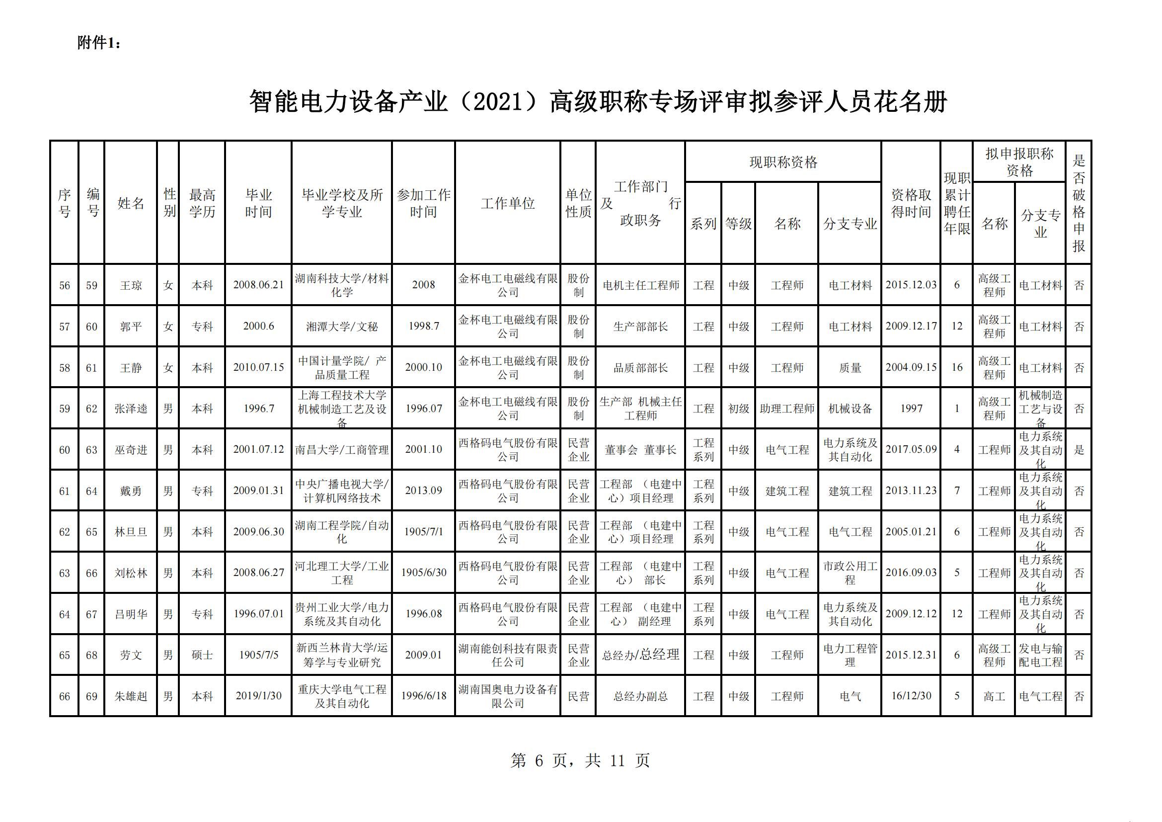 智能电力设备产业（2021）高级职称专场评审拟参评人员花名册